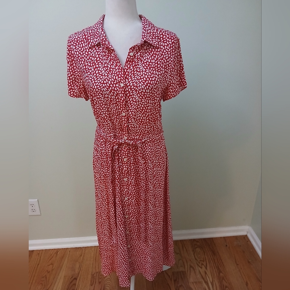 Talbots Red White Leopard Polka Dot Tie-Waist Midi Shirt Dress